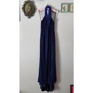VTG 90s 100% silk beaded Scala halter evening gown dress size small blue